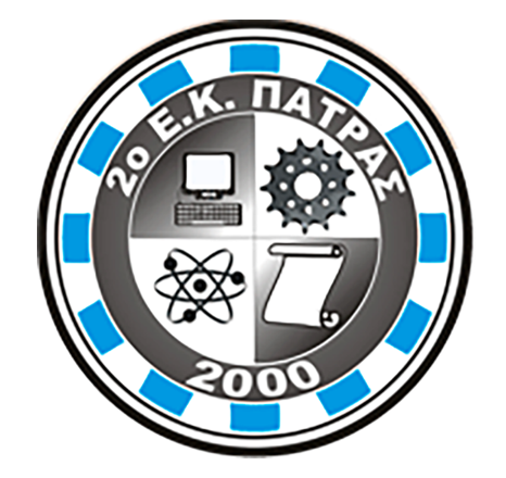 round logo with a laptop, a wheel, an atom and a paper in it